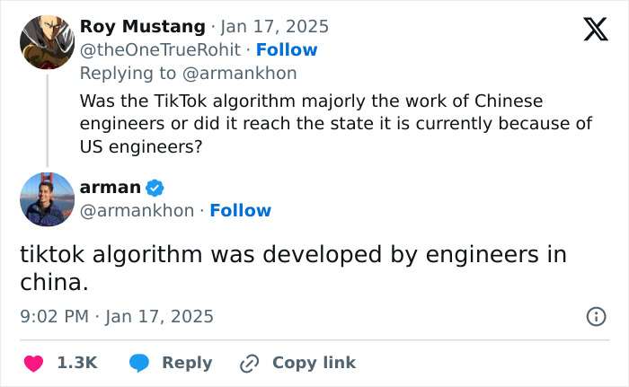 Tweet discussing TikTok algorithm origins with comments on Chinese and US engineering contributions.