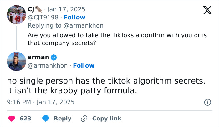 Twitter exchange about TikTok secrets featuring a humorous comment comparing them to the Krabby Patty formula.