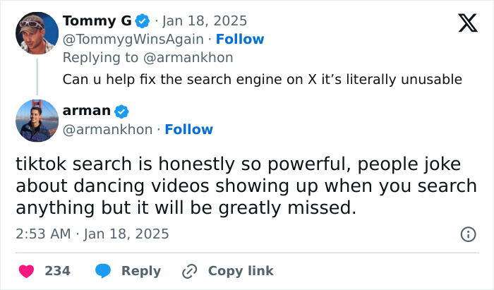 TikTok secrets discussed in a humorous Twitter exchange about the app's search engine issues.