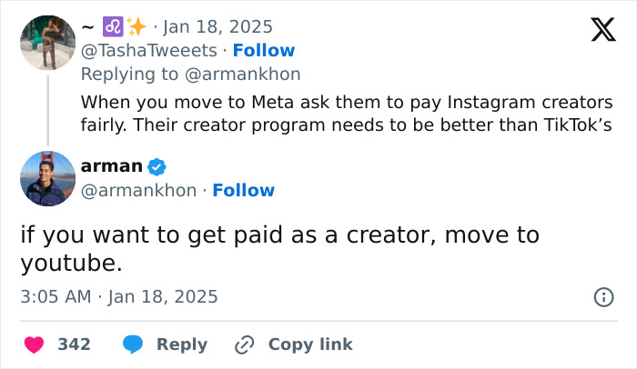 Former TikTok employee's tweet sparks discussion on creator payment, referencing Meta and YouTube.