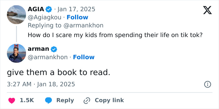 Tweet thread discussing TikTok usage, suggesting giving kids books to read instead.