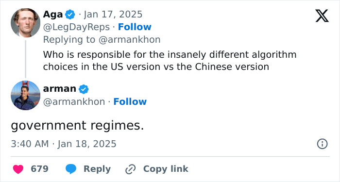 Tweet exchange discussing TikTok's algorithm differences between US and China versions, mentioning government regimes.