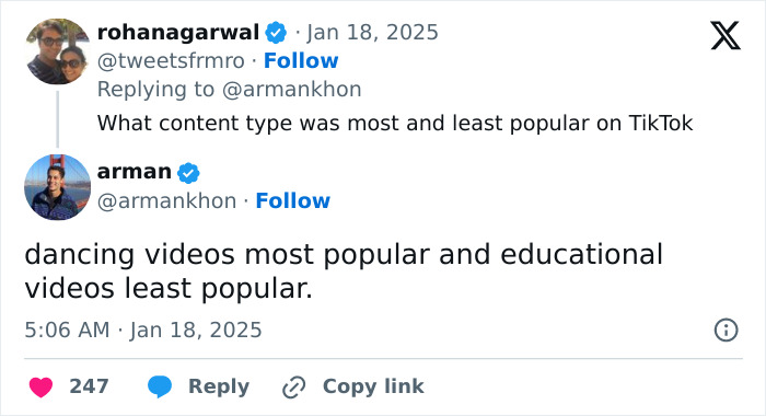 Tweet discussing TikTok content popularity, revealing dancing videos are most popular, educational ones least.