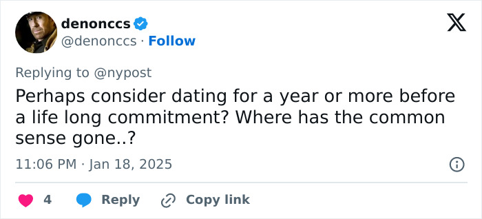 Tweet questioning long-term commitment, suggesting dating before marriage; reflects on common sense and relationship red flags.