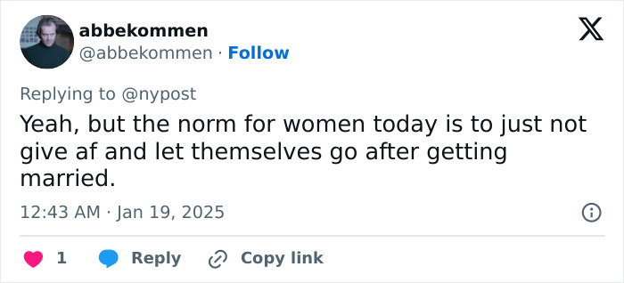 Twitter post discussing modern norms for women after marriage, touching on societal red flags.