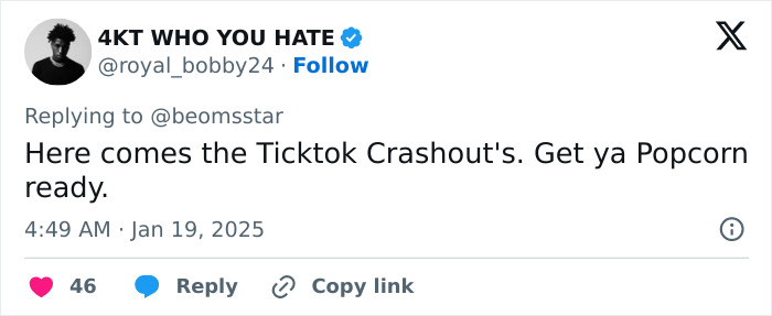 Tweet about TikTok users' reaction to US ban, mentioning "Ticktok Crashout" and getting popcorn ready.