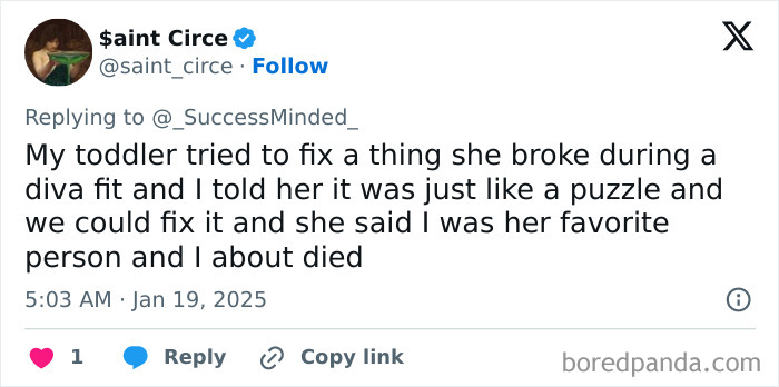 Tweet about a toddler's adorable attempt to fix something they broke, highlighting a heartwarming exchange.