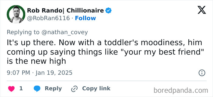 Tweet about hilarious things toddlers say, mentioning a toddler calling someone their best friend.