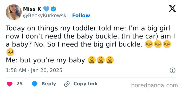 Tweet featuring a heartwarming toddler quote about being a "big girl" and needing the big girl buckle, posted by Miss K.