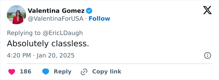 Valentina Gomez tweets "Absolutely classless" in response to senator's gym shorts at inauguration.