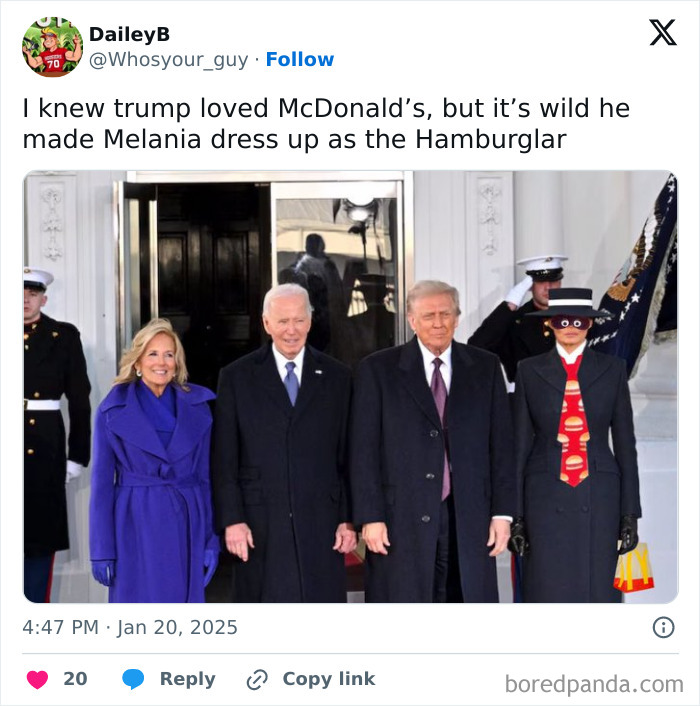 Awkwardly meme-worthy moment at presidential inauguration with figures in formal attire and a humorous costume.