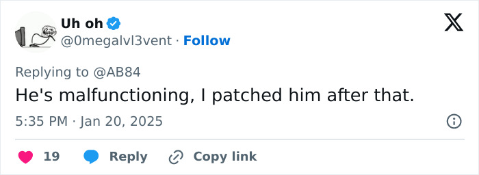 Tweet about Elon Musk malfunctioning, mentioning a patch, with 19 likes and a reply option.