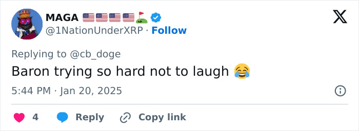 Tweet referencing Elon Musk meme over Mars mention at inauguration, posted by @1NationUnderXRP with laughing emoji.