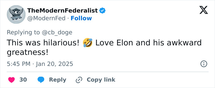 Tweet about Elon Musk's humor and awkwardness highlighted during a presidential inauguration.