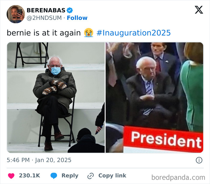 Man sitting with crossed arms at a presidential inauguration, wearing mittens and a coat, captures meme-worthy moment.