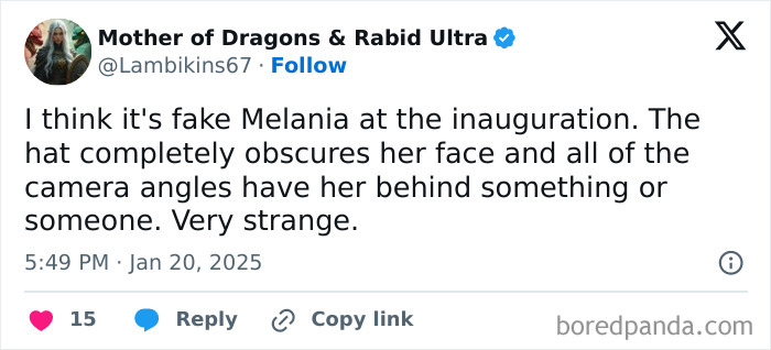 Tweet discussing rumors about Melania's "body double" at an inauguration event.