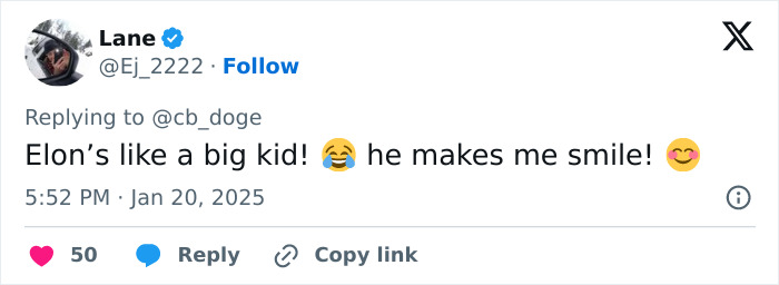 Tweet about Elon Musk humorously compared to a big kid, with emojis and engagement details.