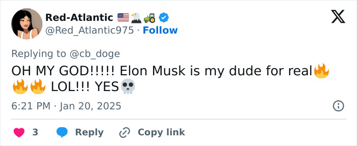 Tweet reacting enthusiastically to Elon Musk becoming a meme at a presidential inauguration with fire emojis.