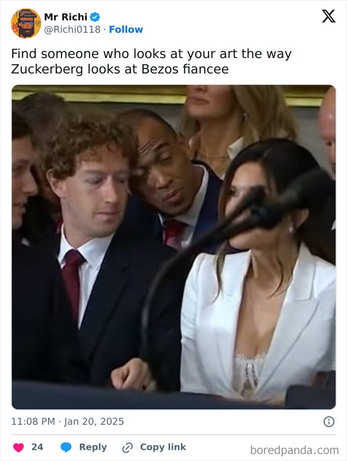 A man in a suit glancing sideways at a woman in white during a public event; meme-worthy moment at an inauguration.