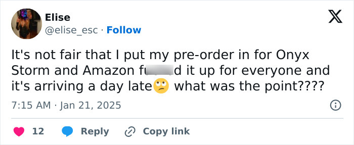 Tweet expressing frustration over Onyx Storm pre-order delay with emoji.