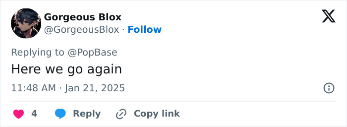Tweet responding to PopBase, text reads: "Here we go again.