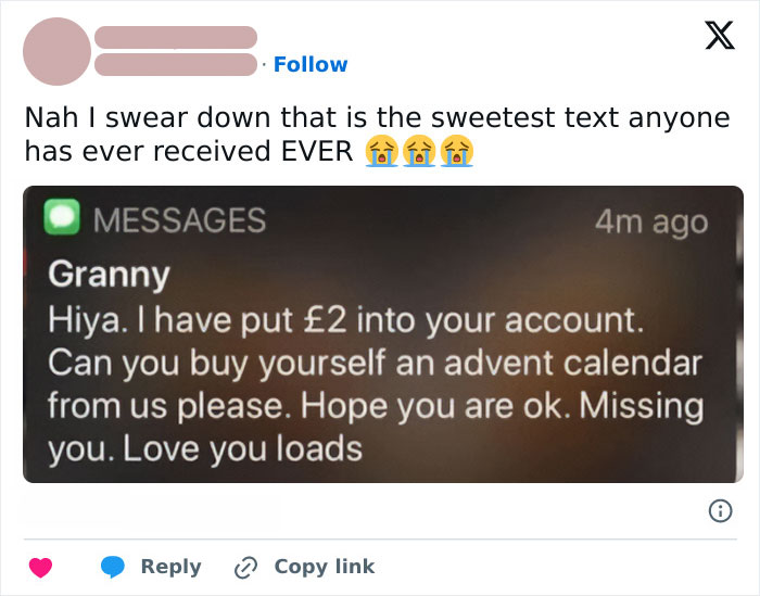 British text message from a granny, mentioning £2 for an advent calendar, captioned as the sweetest text ever.