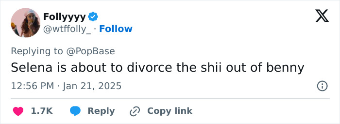 A tweet discussing divorce rumors, mentioning Selena and Benny.