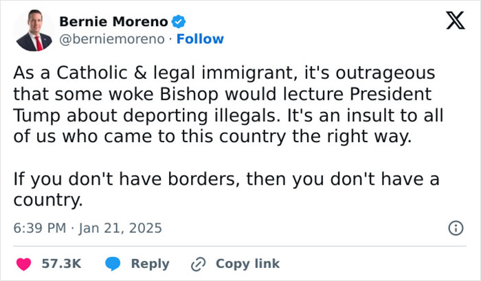 Tweet criticizing a "woke" bishop's remarks about immigration and borders, highlighting legal immigrant perspective.