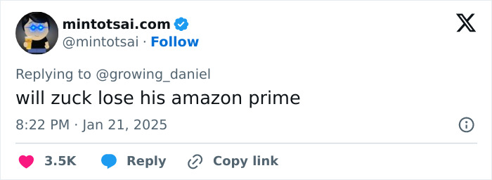 Tweet questioning Mark Zuckerberg's potential loss of Amazon Prime with humorous tone.