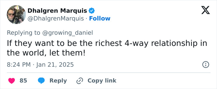 Tweet by Dhalgren Marquis discussing relationships and wealth.