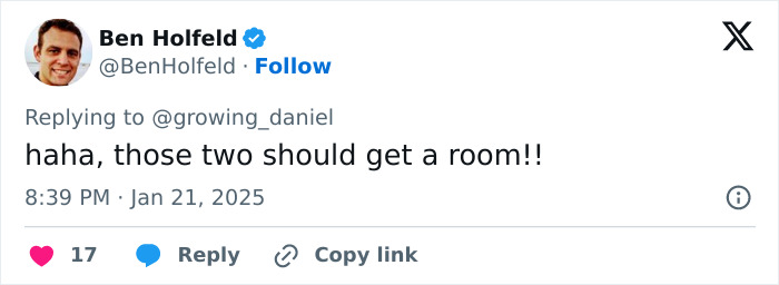 Tweet by Ben Holfeld joking about two people needing privacy.