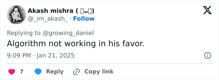 Tweet by Akash Mishra commenting on Mark Zuckerberg's algorithm challenges, liked seven times.