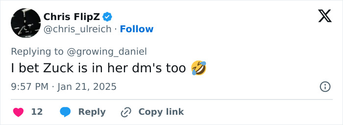 Tweet joking about Mark Zuckerberg in someone's DMs with a laughing emoji.