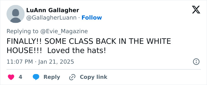 Tweet by LuAnn Gallagher expressing approval, mentioning "class back in the White House" and "Loved the hats!