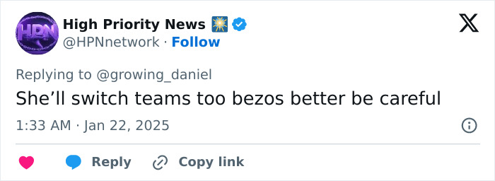 A tweet about switching teams and a caution for Bezos, posted by High Priority News.