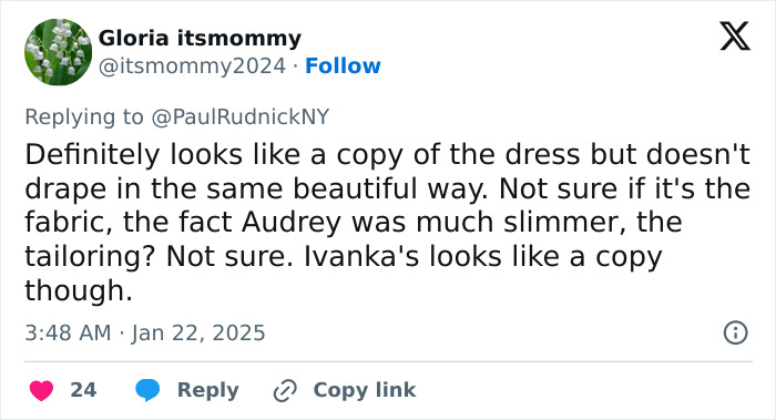 Tweet criticizing Ivanka Trump's dress as a copy, mentioning Audrey Hepburn's elegance and class.