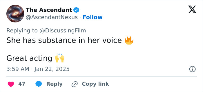 Tweet praising Lily-Rose Depp's acting in Nosferatu audition, mentioning her voice's substance with fire emoji.