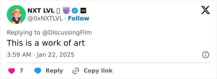 Tweet reply praising Lily-Rose Depp's viral audition video, calling it "a work of art," posted on January 22, 2025.