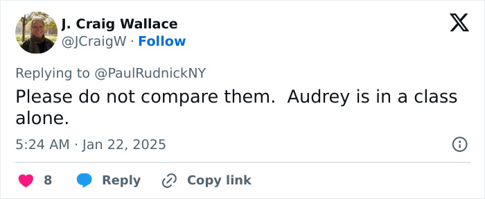 Tweet response about elegance and class, stating Audrey is in a class alone.