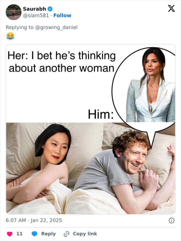 A meme with Mark Zuckerberg thinking about Lauren Sanchez in bed with a partner.