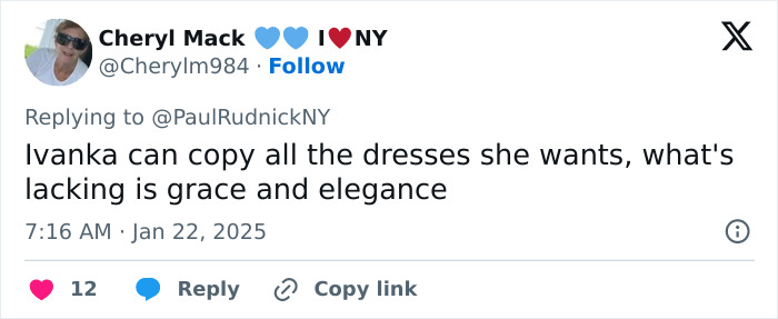 Tweet criticizing Ivanka Trump's dress, noting a lack of elegance and grace.