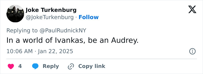 Tweet referencing elegance and class in a comparison between Ivanka Trump and Audrey Hepburn.