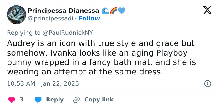 Tweet discussing elegance, class, and comparing Audrey Hepburn’s style to Ivanka Trump’s dress.