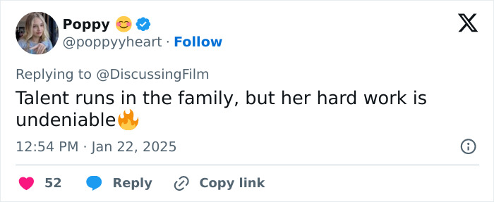 Tweet commenting on Lily-Rose Depp's talent and hard work.