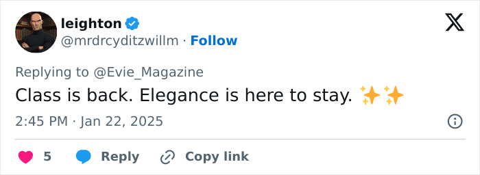 Tweet by user, saying "Class is back. Elegance is here to stay" with sparkling emojis.