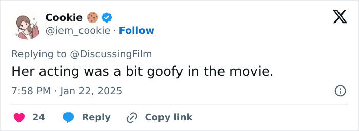 Tweet criticizing Lily-Rose Depp's acting, calling it "goofy" in the movie.