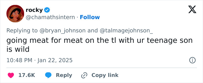 Tweet criticizing billionaire's post about reversing aging and tracking son's details, captioned "going meat for meat.