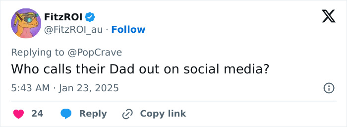 Tweet questioning calling out Dad on social media, related to Miley Cyrus' family dynamics.