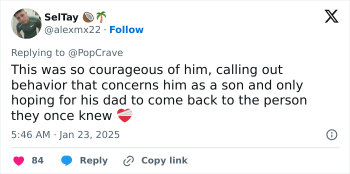 Tweet by user supporting Miley Cyrus' brother urging Billy Ray Cyrus to seek help.