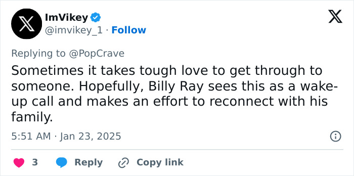 Tweet about Billy Ray Cyrus needing help after inauguration performance from user ImVikey.